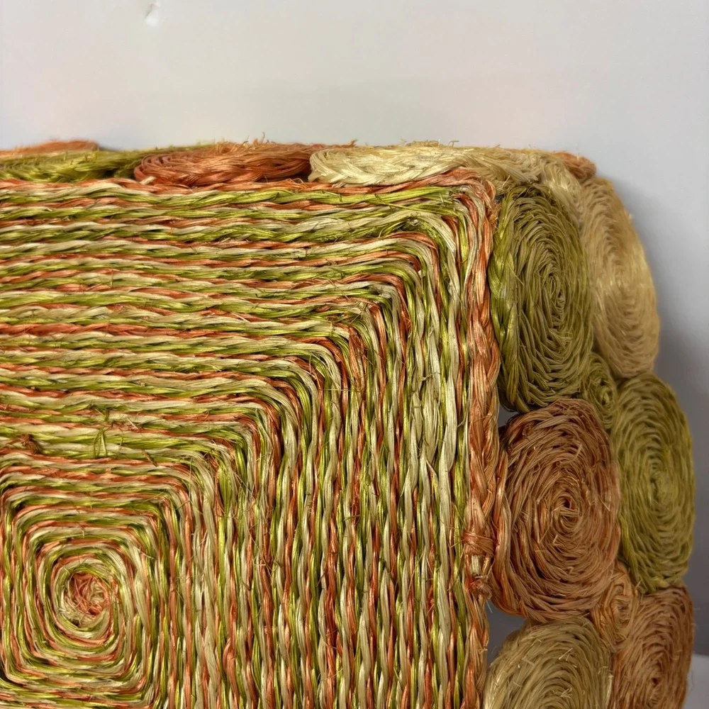 Vintage‎ Raffia Square Tri-Color Storage Basket Woven Orange Green Brown